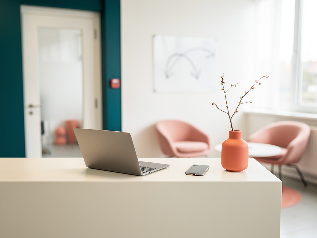 The studio's front desk with a laptop, a phone and a small coral vase, the softly lit entrance behind it and no one in f