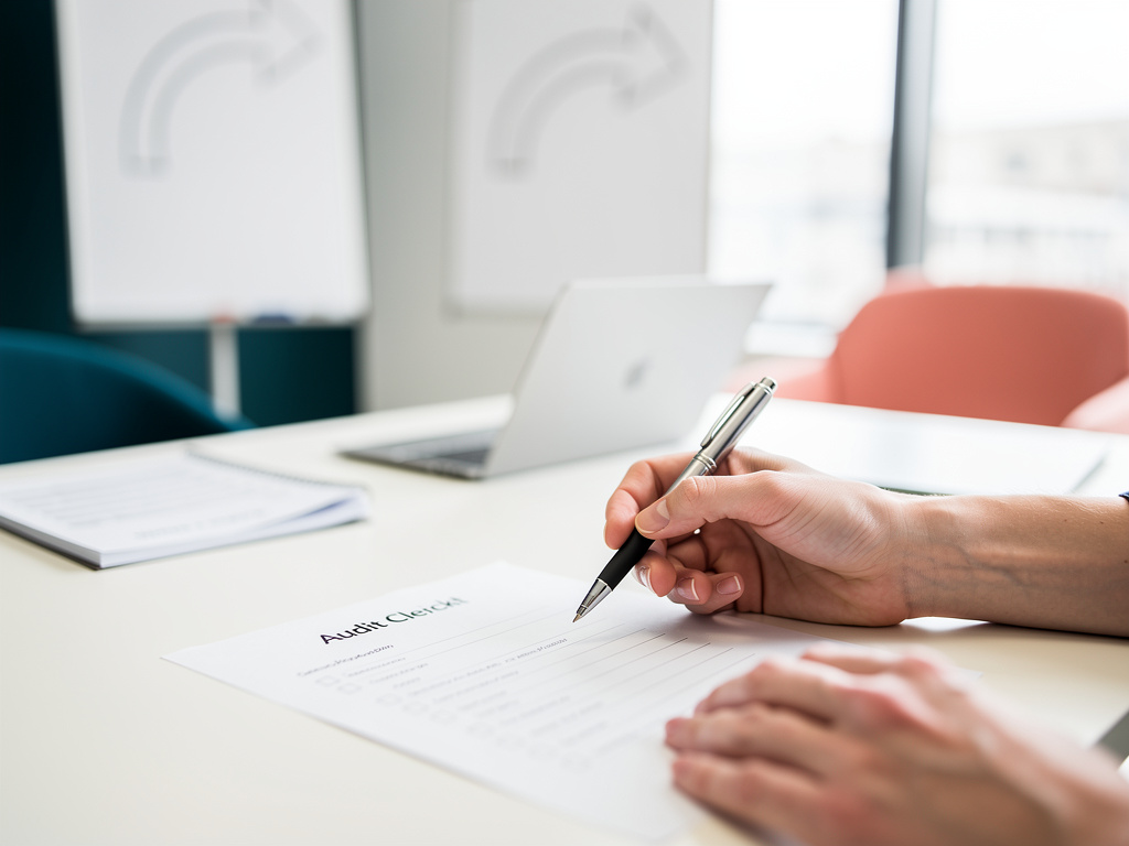 Close-up of hands holding a pen over a printed audit checklist on an off-white desk, details blurred and unreadable.