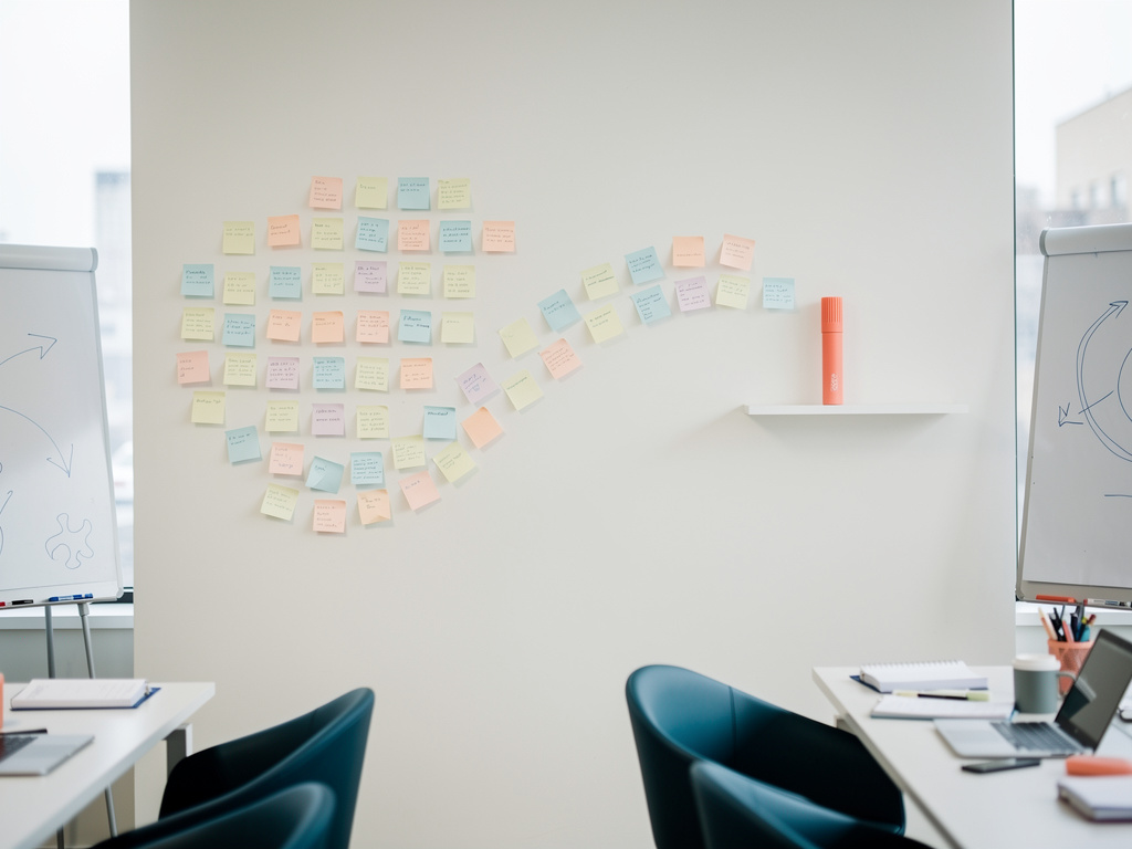 A wide view of the studio wall covered in sticky notes arranged along a smooth curved path toward a coral marker.