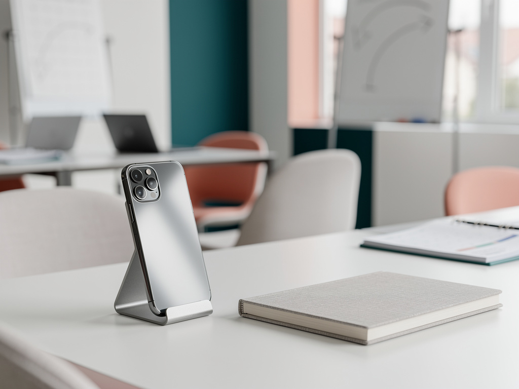 A smartphone propped on a stand beside a content calendar notebook, with soft gradient light on the desk.