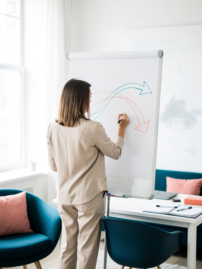 A consultant seen from behind at a whiteboard, sketching a curved flow of arrows in petrol blue and coral, with the stud